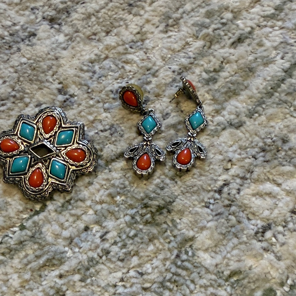 Turquoise and Coral Drop Earrings with Silver-Tone Filigree